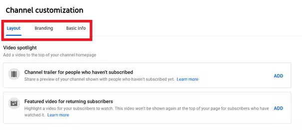 YouTube menu “Channel customization”