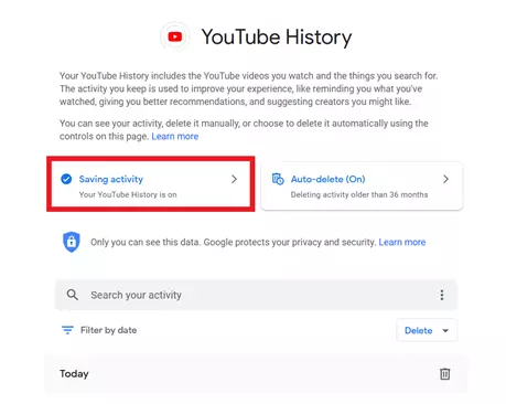 YouTube: “Saving activity” menu