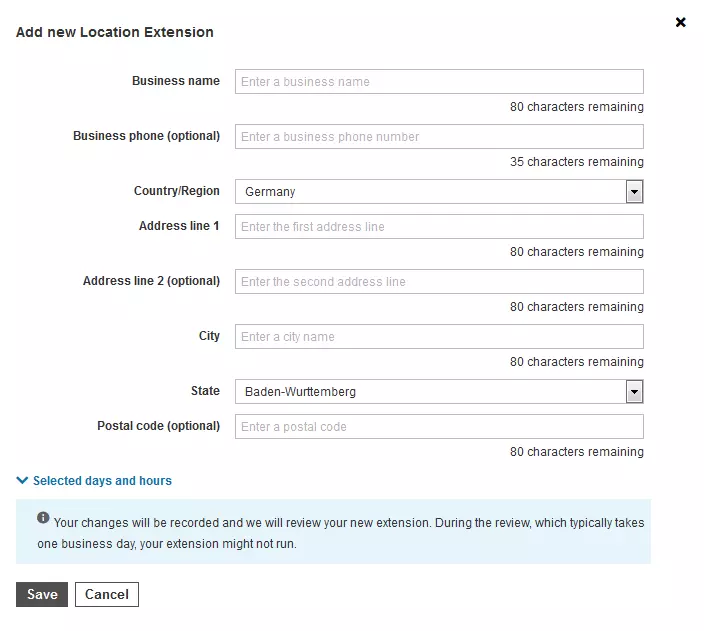 Input mask for creating a location extension