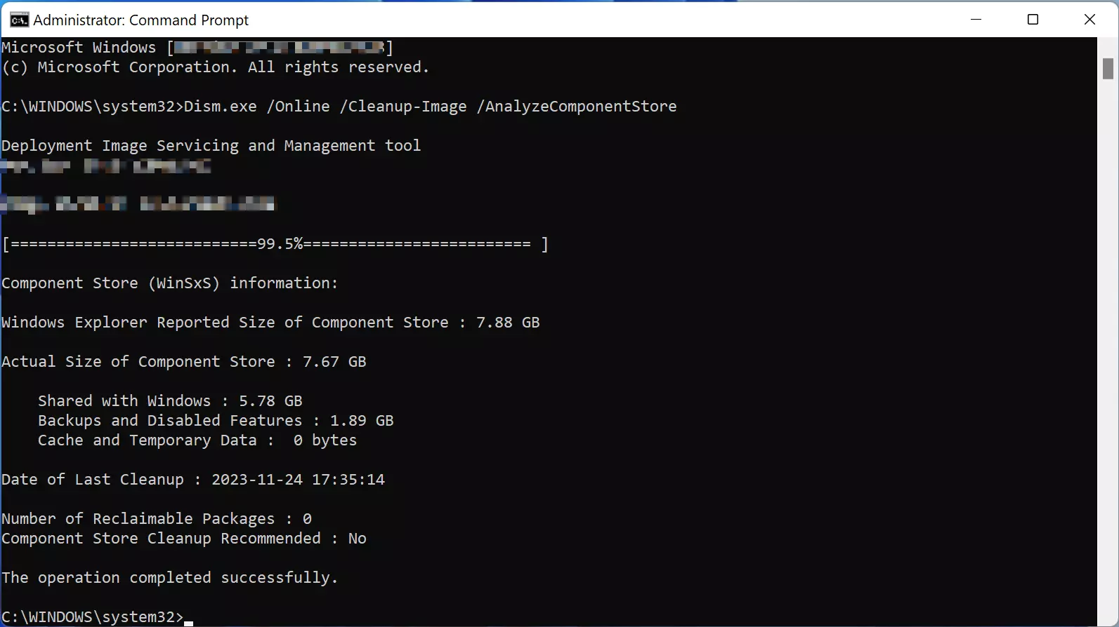 Result of using the “Dism.exe /Online /Cleanup-Image /AnalyzeComponentStore” command