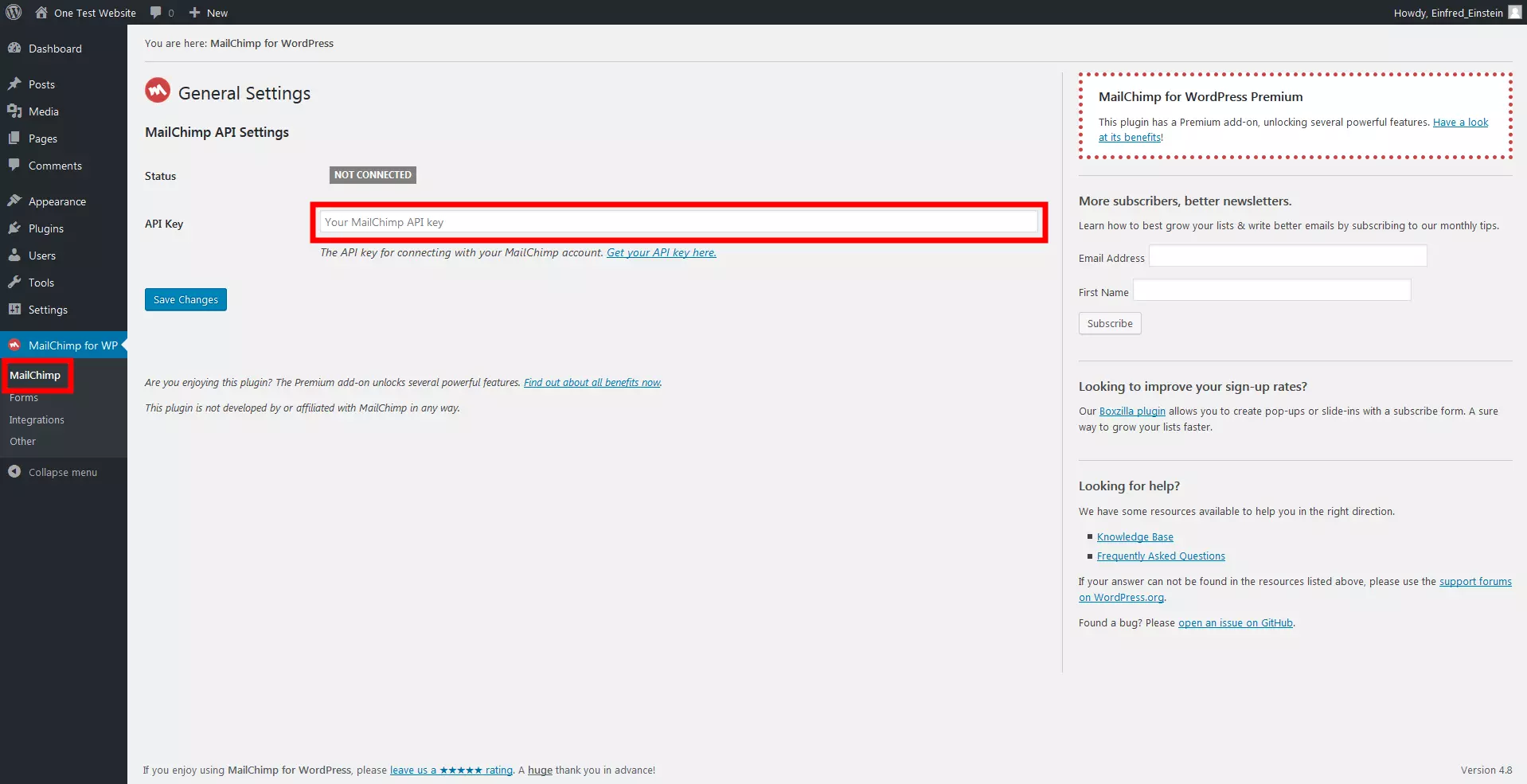 The general settings of the ‘MailChimp for WordPress’ settings