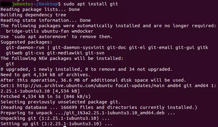 Terminal view of the installation of Git on Ubuntu 22.04