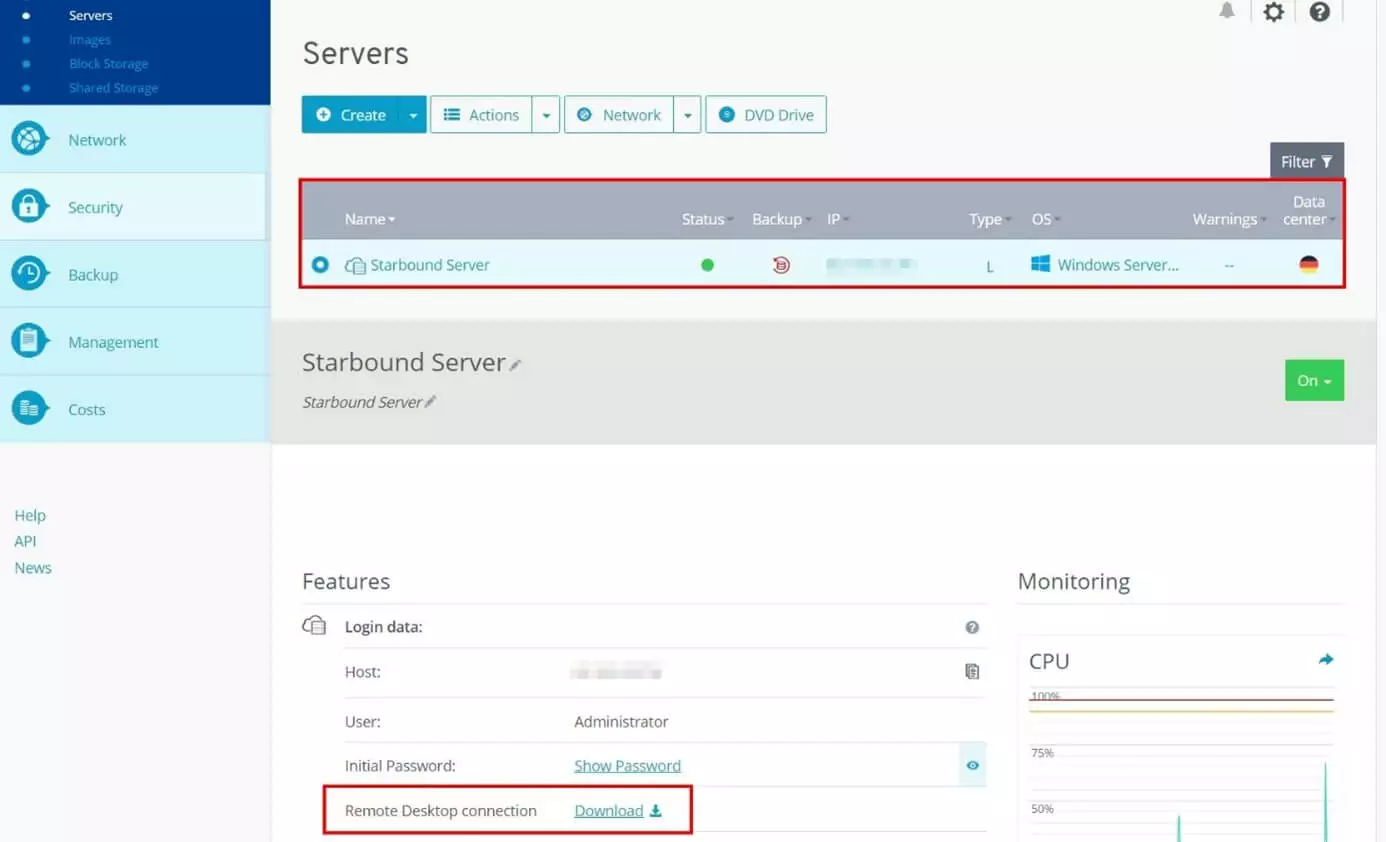 The login information in the Cloud Panel