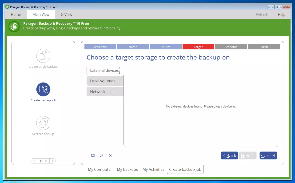 Paragon Backup & Recovery 16 Free: target storage destination selection menu