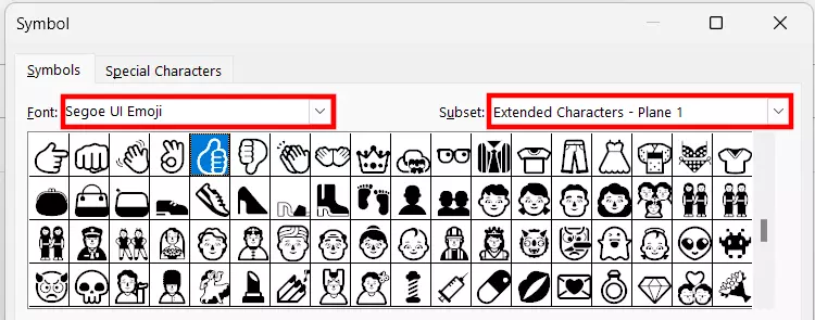 Outlook: Available emojis for the “Segoe UI Emoji” font