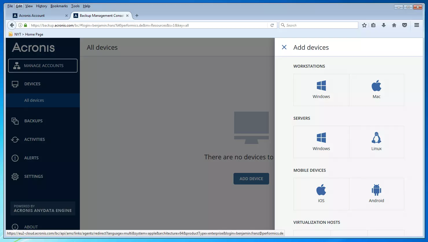 The backup management console of Acronis Backup 12.5: device management