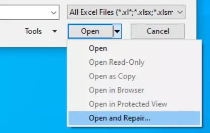 Selecting “Open and Repair” in Excel