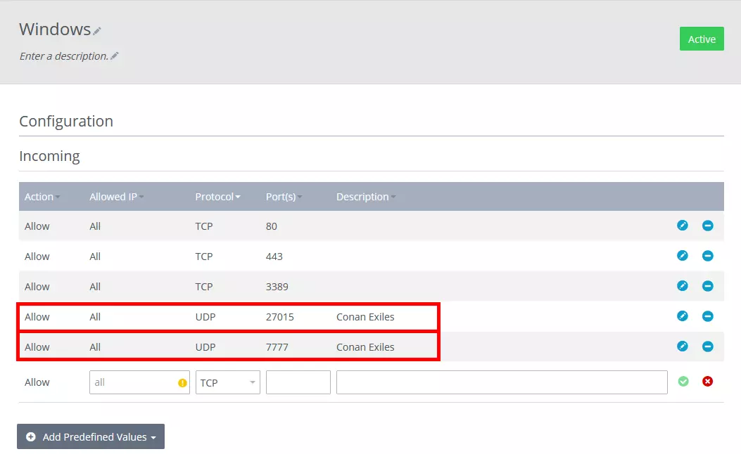 Port list in IONOS Cloud Panel