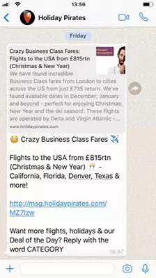 Screenshot of a WhatsApp message from Holiday Pirates