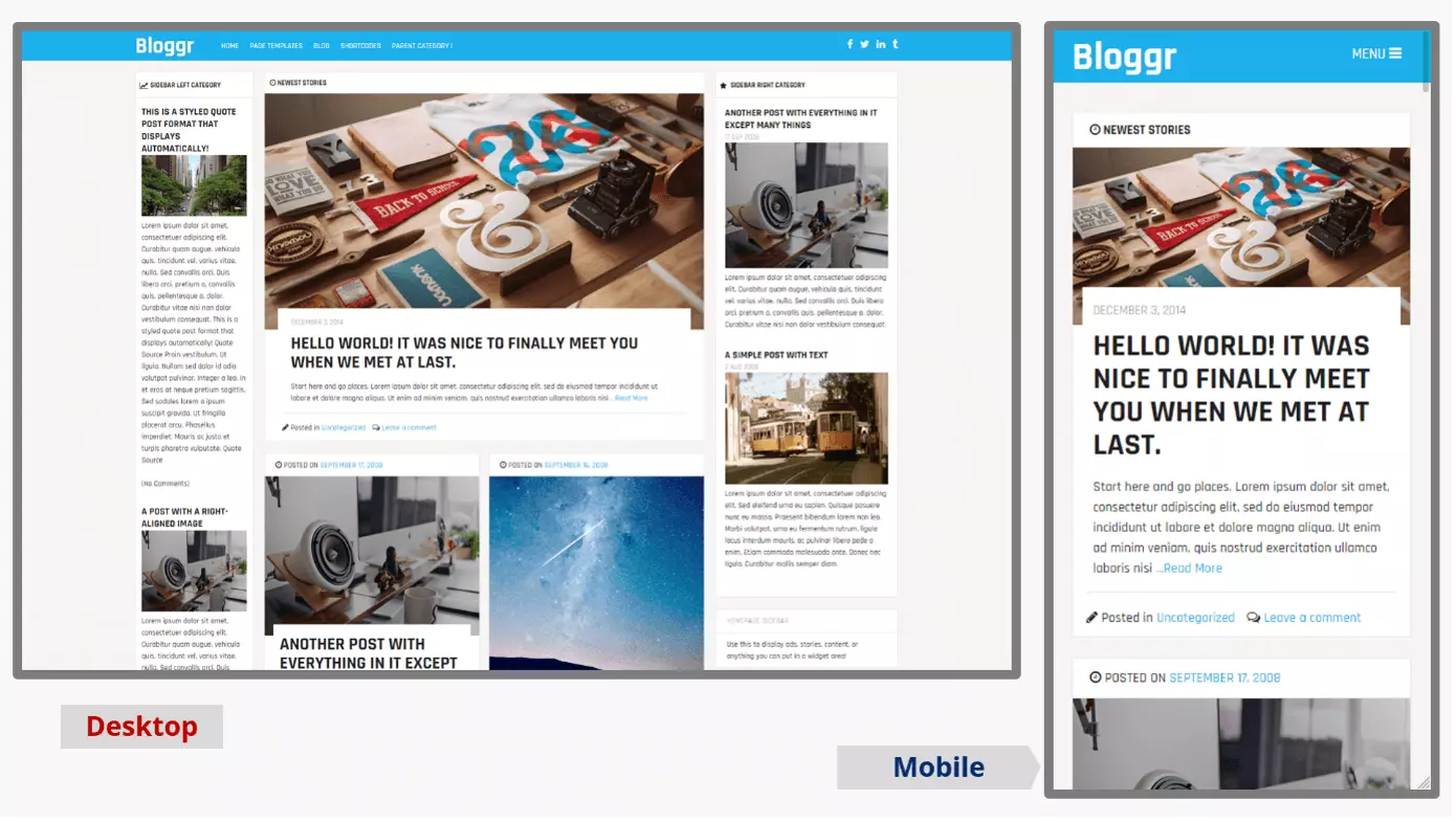 Screenshot of the desktop and mobile versions of the WordPress blog theme Bloggr