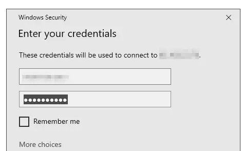 Log-in window for Windows Remote Connection