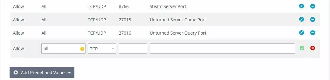 Defined port rules in IONOS Cloud panel