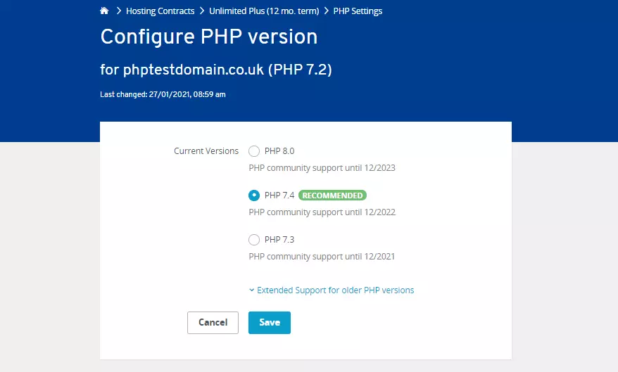 Select PHP version from IONOS Control Panel