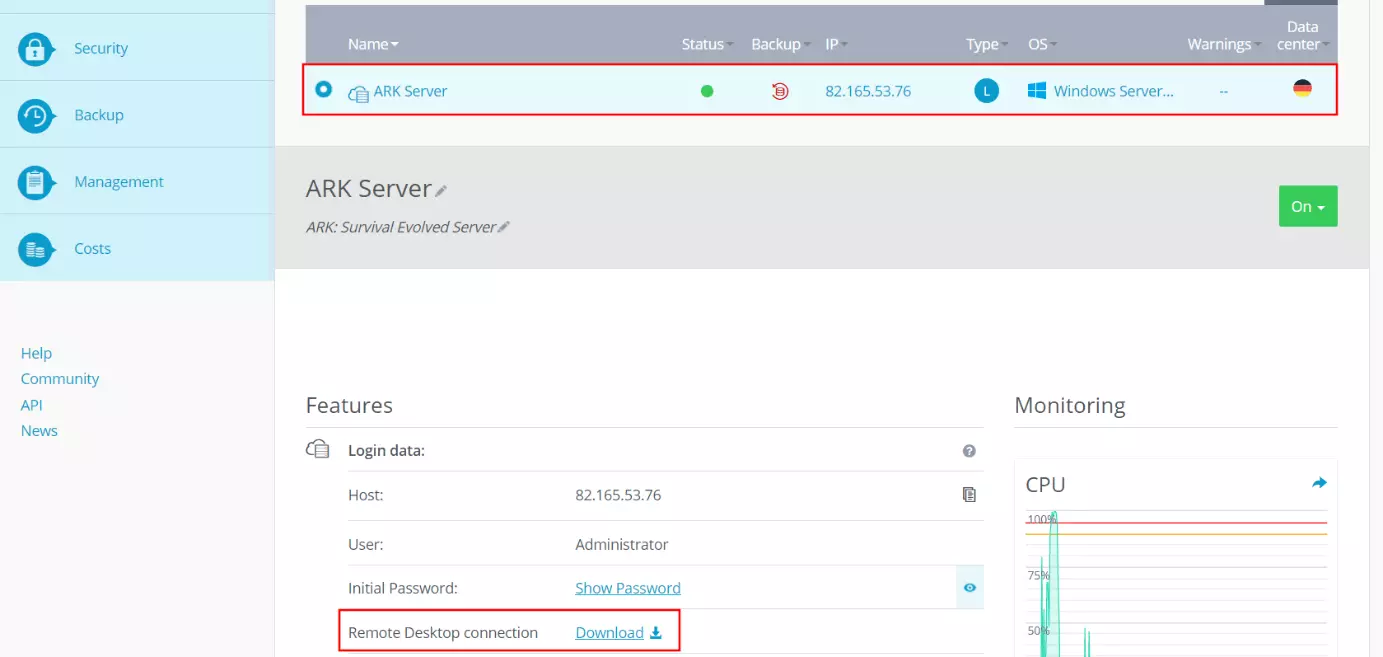 IONOS Cloud Panel: Server information and access data