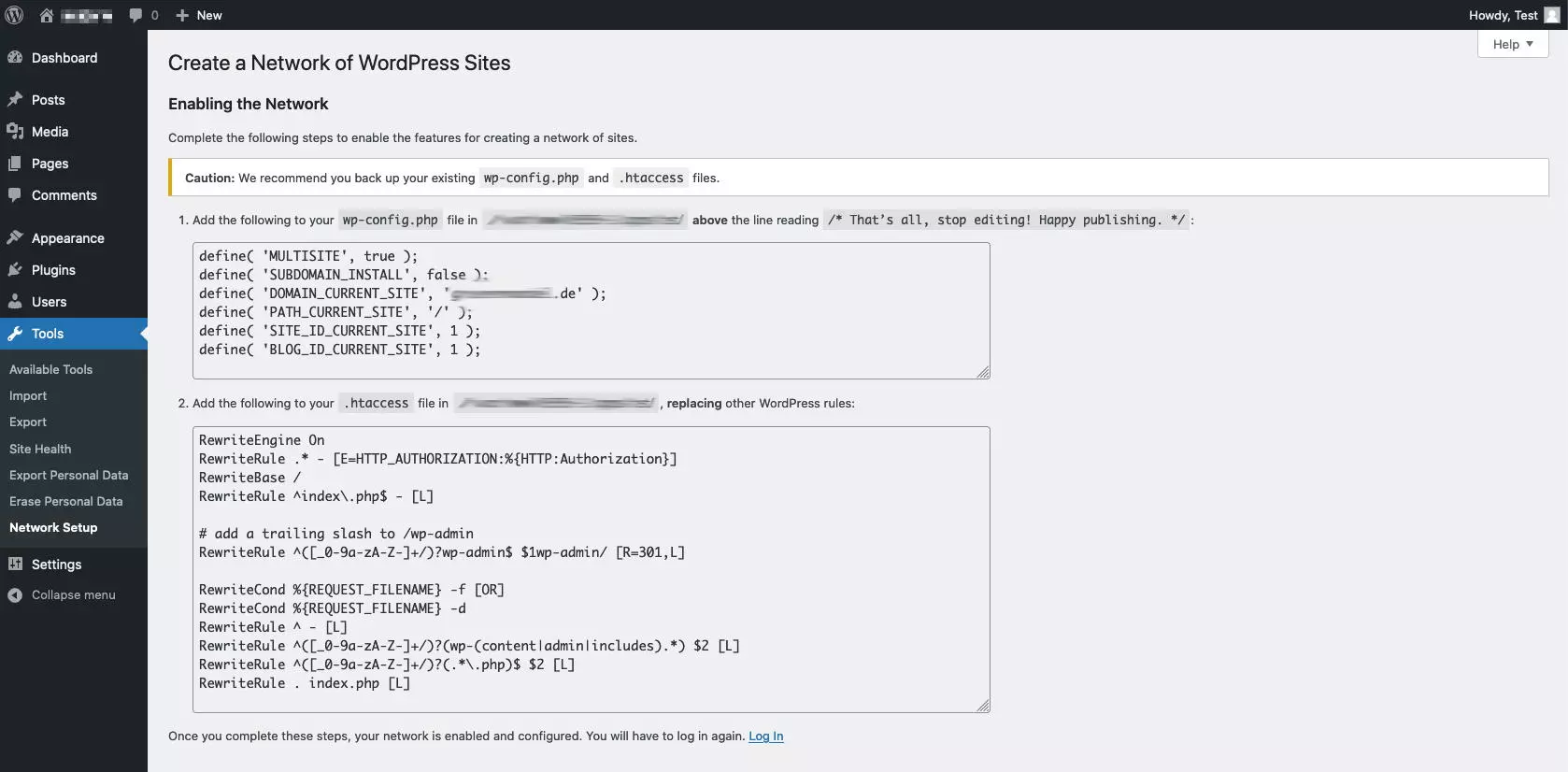 Code for network creation in WordPress backend