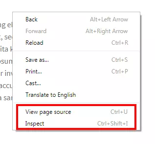 Context menu in Google Chrome browser