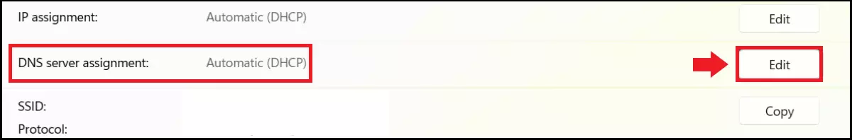 Windows 11 internet connection menu with “DNS server assignment”.