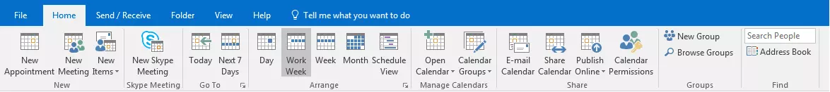 Microsoft Outlook: View of the calendar toolbar in the “Start” tab.