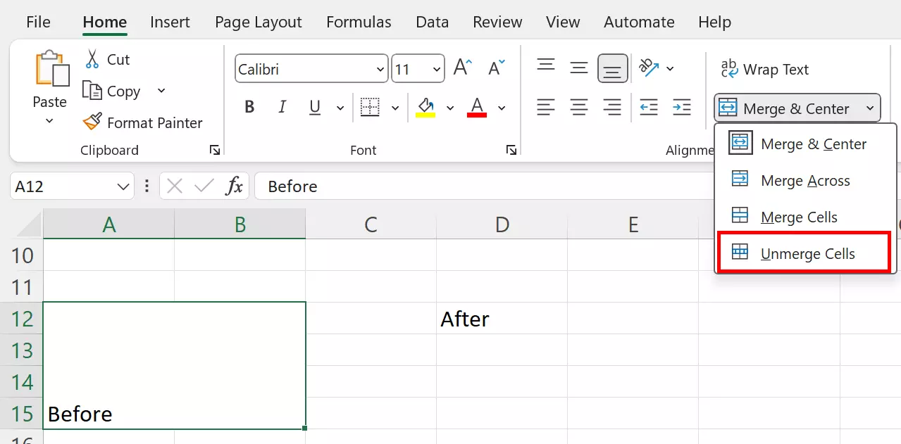 Splitting up cells again using “Unmerge Cells”