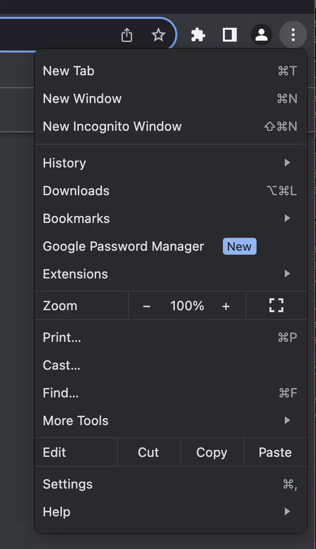 Screenshot of the drop-down menu in Chrome