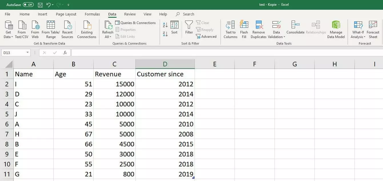 Excel 2016: Example dataset