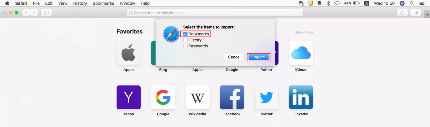 Safari dialog “Select the items to import”