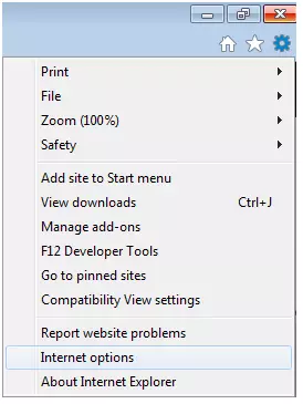 Internet Explorer: gear symbol menu