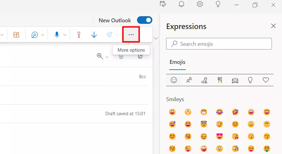 “Expressions” menu in the more options menu