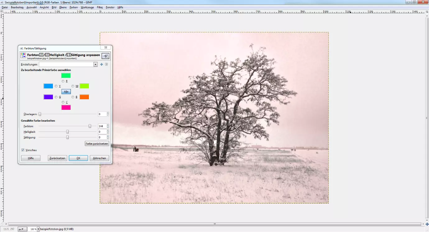 Screenshot of GIMP, adjustment of colors and saturation