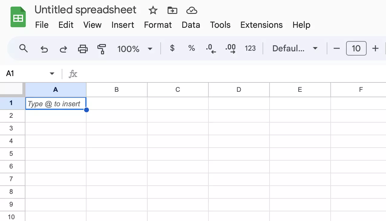 Screenshot of an empty Google spreadsheet