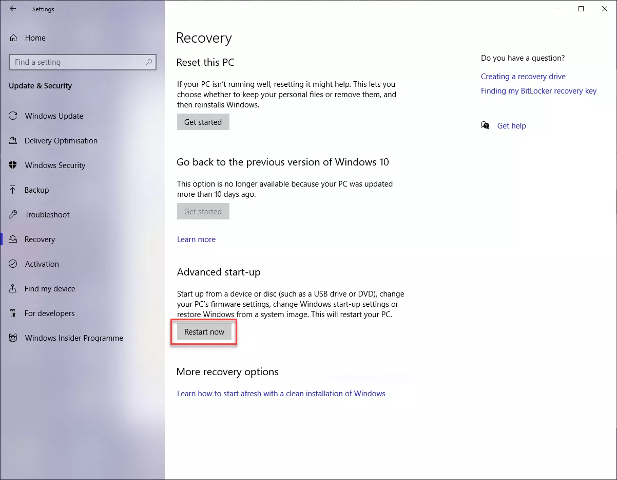 Screenshot: Recovery window