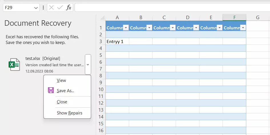 Document recovery in Excel