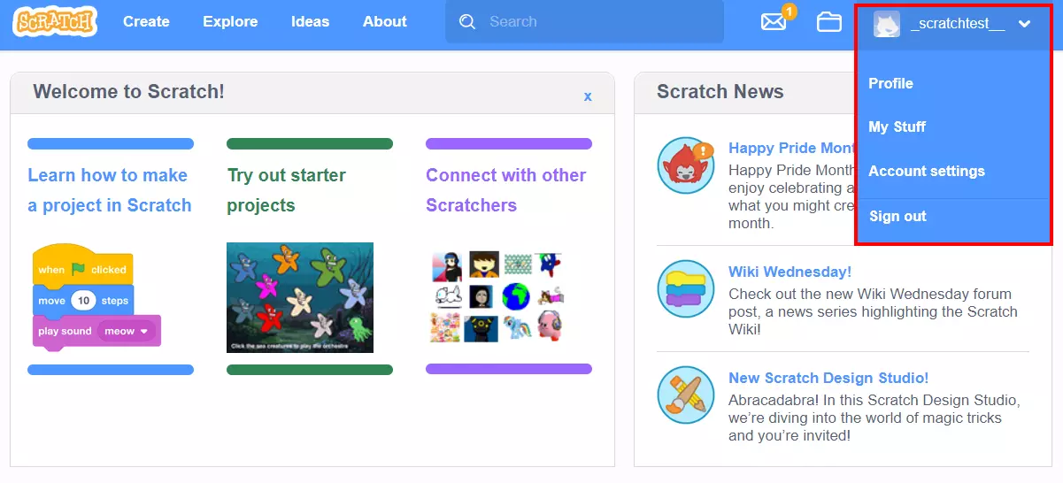 Learn Scratch: Settings menu for profile, account and projects