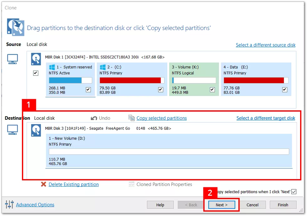 Macrium Reflect: List of source and destination hard drives