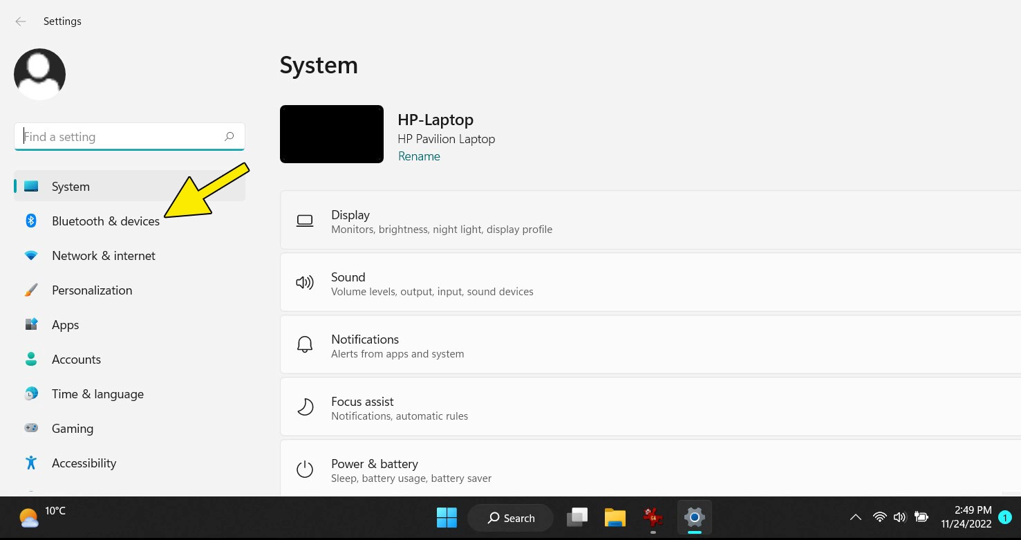 Windows 11 system settings: “Bluetooth and Devices” menu item