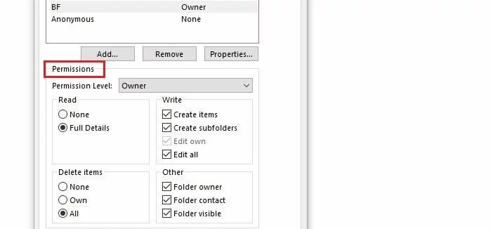 Outlook 2016: Mailbox permissions