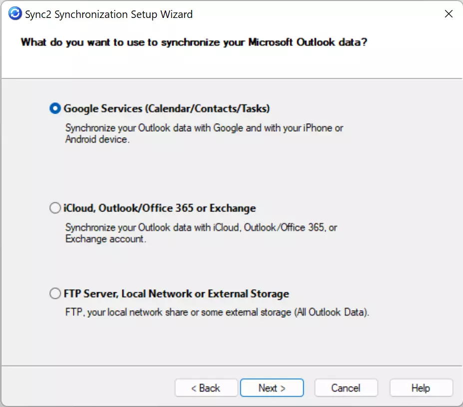 Synchronization options in Sync2 Synchronization Setup Wizard