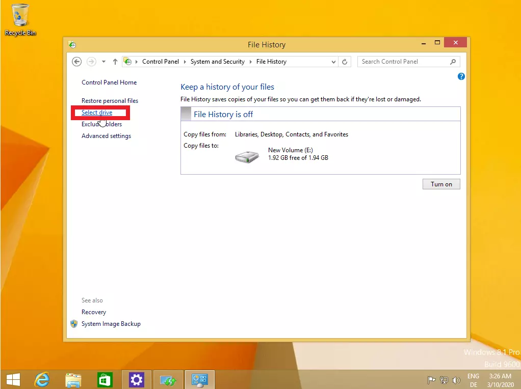 Drive selection for Windows 8 backups