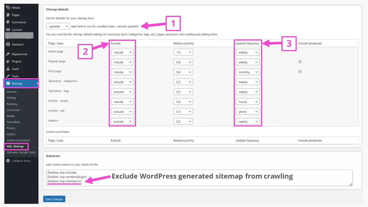 Lower part of the admin interface of the plugin “XML Sitemap Generator for Google