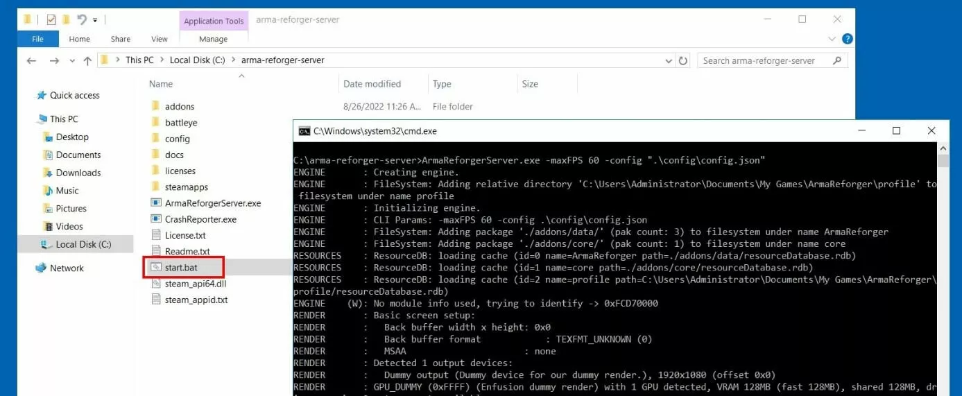 Start Arma Reforger server using start.bat