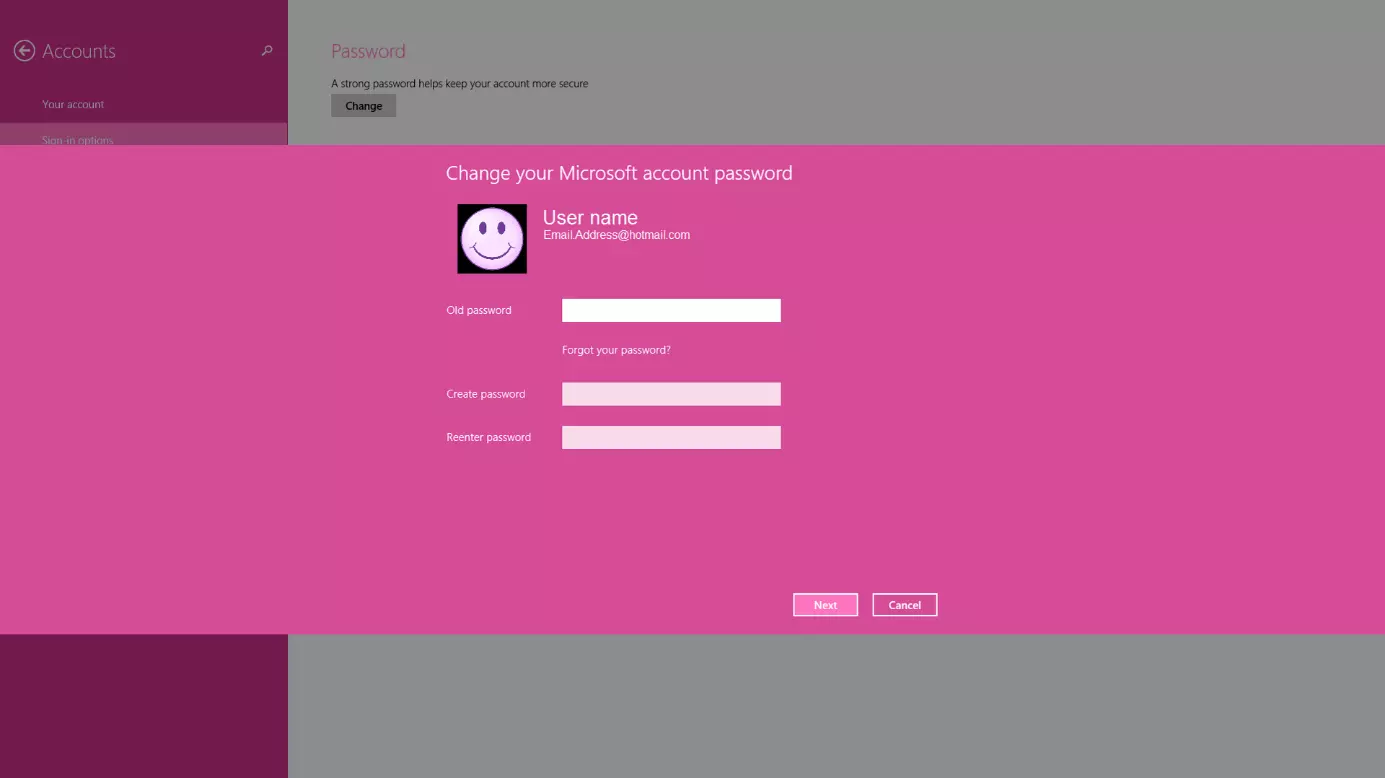 Menu for changing your password in Windows 8