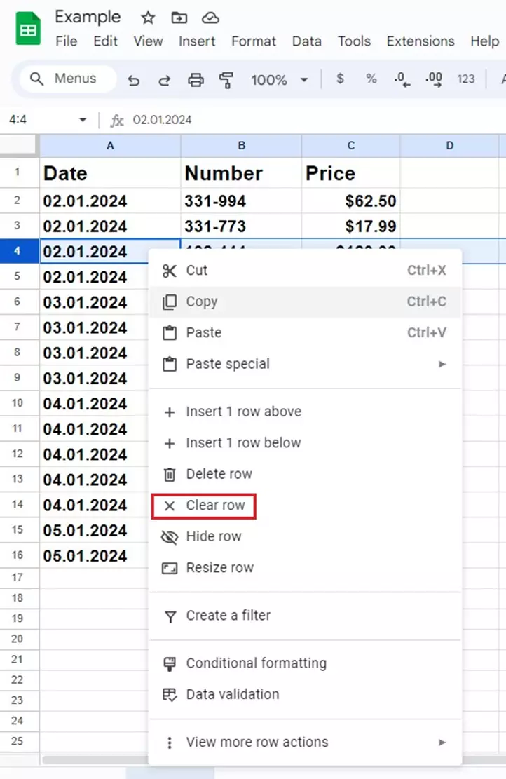 Screenshot of the drop-down menu in Google Sheets