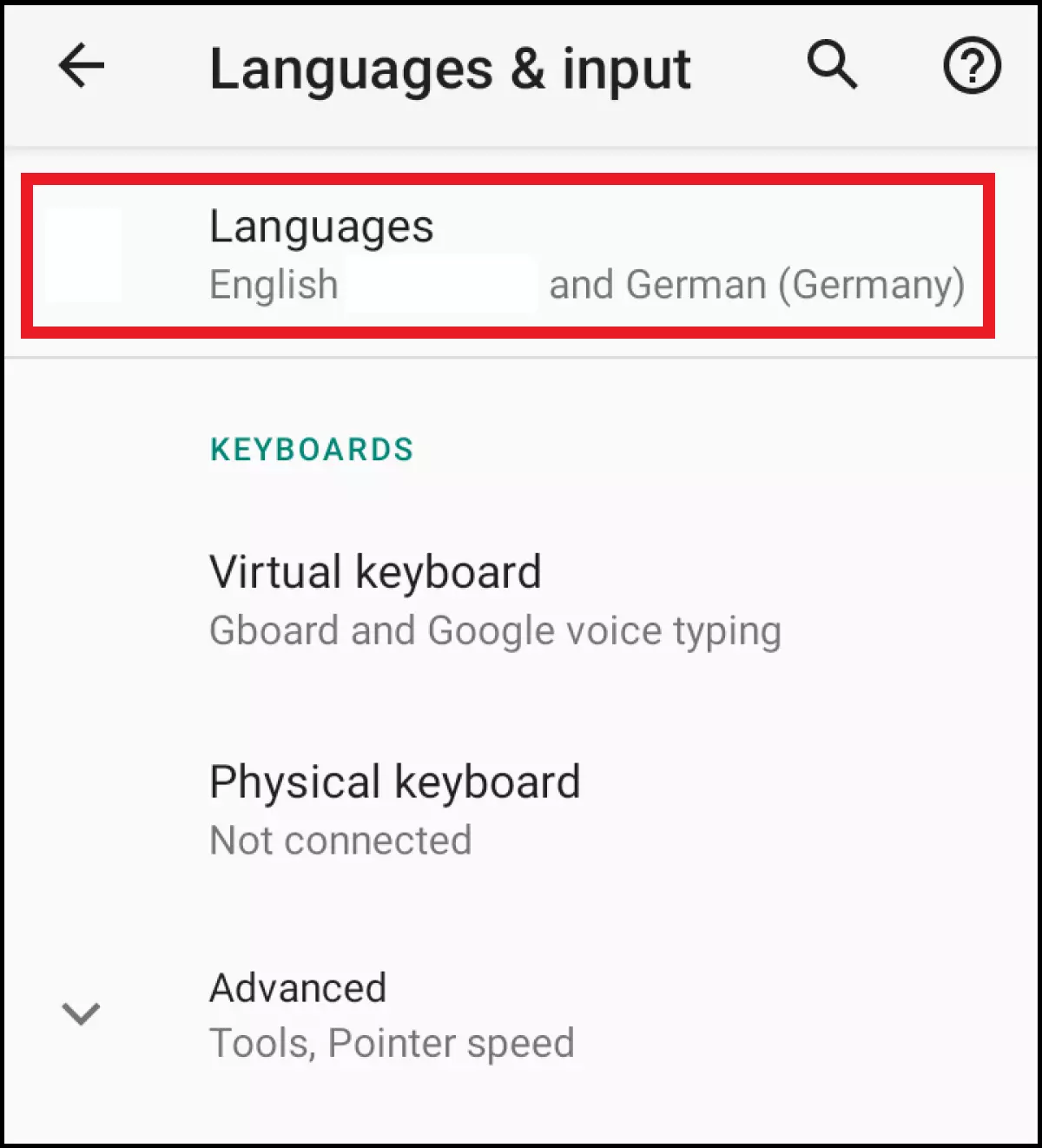 Language options available under the “Languages & input” tab