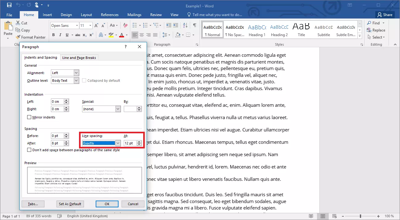 Precisely adjusting the line spacing in Word