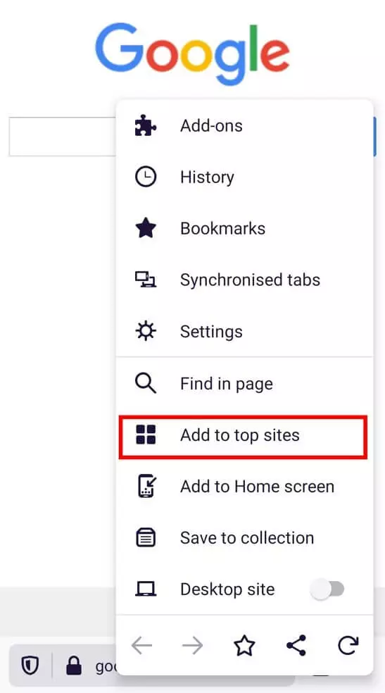 Firefox Android: Add top sites