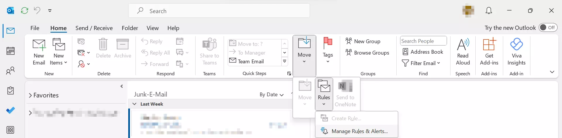 Outlook 365 menu bar: Rules drop-down menu