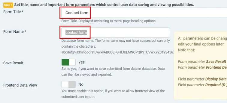 visforms: Add title and name of Joomla contact form