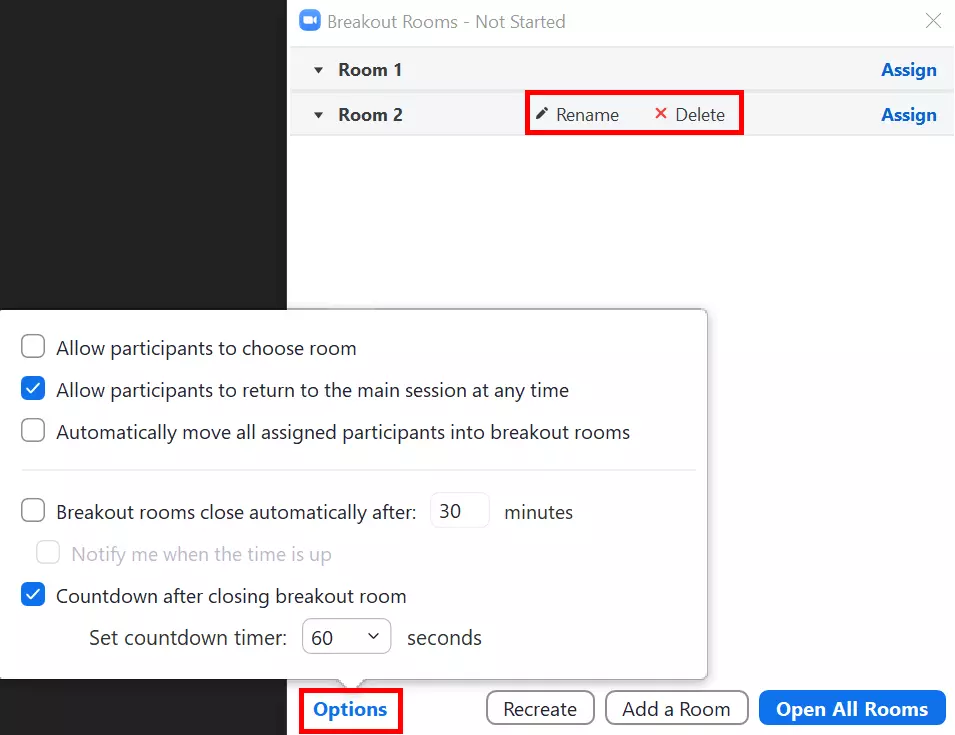 Various options for Zoom breakout rooms