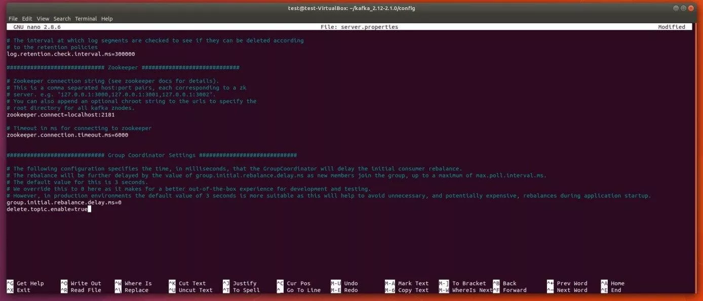 The server.properties Kafka configuration file in the nano text editor
