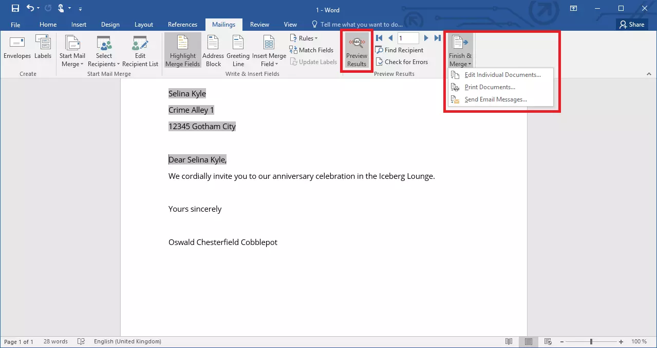 Dialog box with functions for finishing a mail merge in Word 